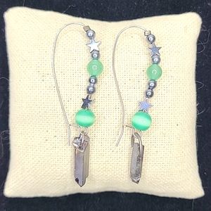 Earrings Crystal Star Gray Green Pearls Bohemian Handmade Jewelry Brand New Gift